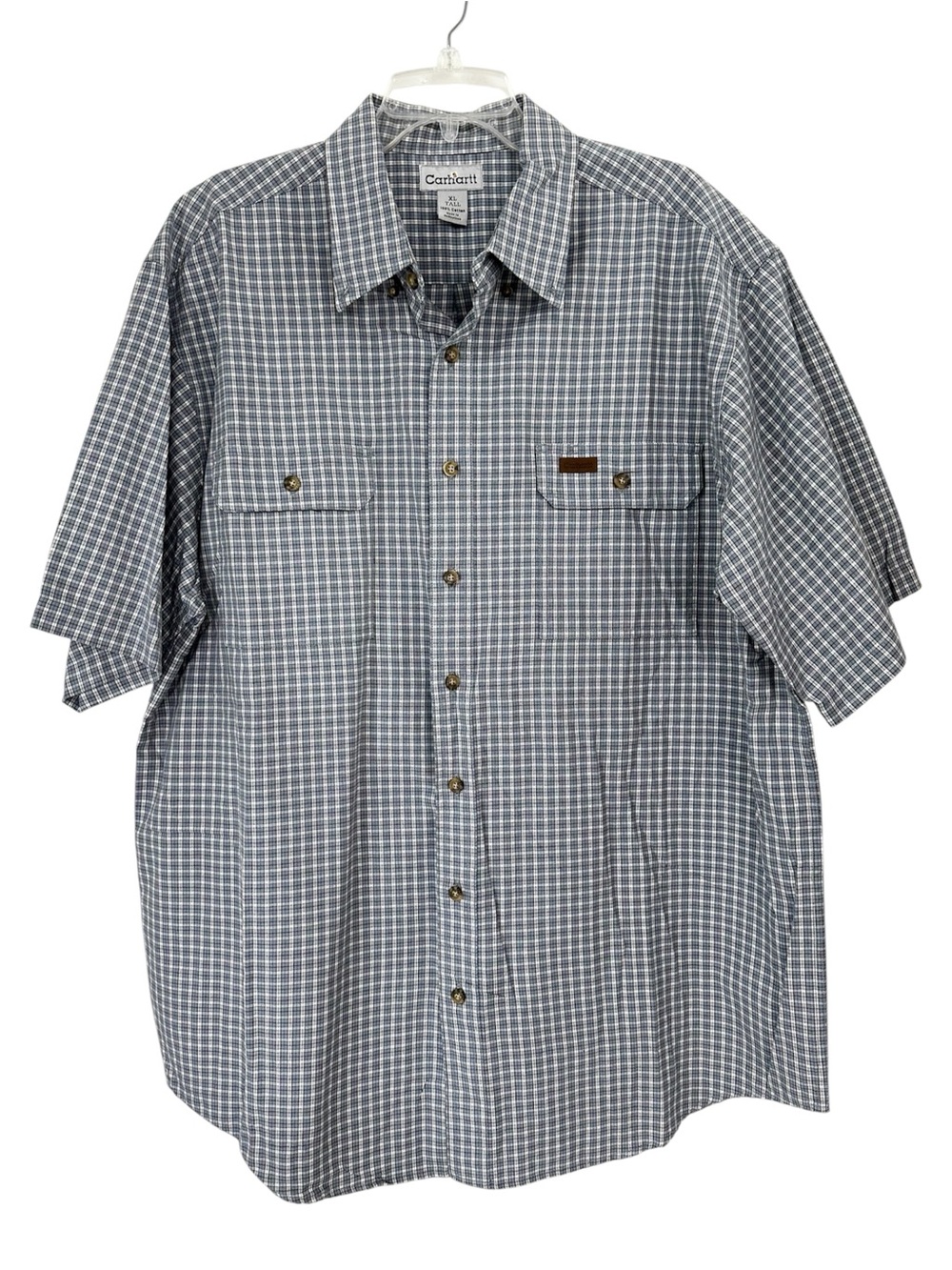 Carhartt Shirt Short Sleeve Blue White Plaid Cotton Button Down Men’s XL Tall
